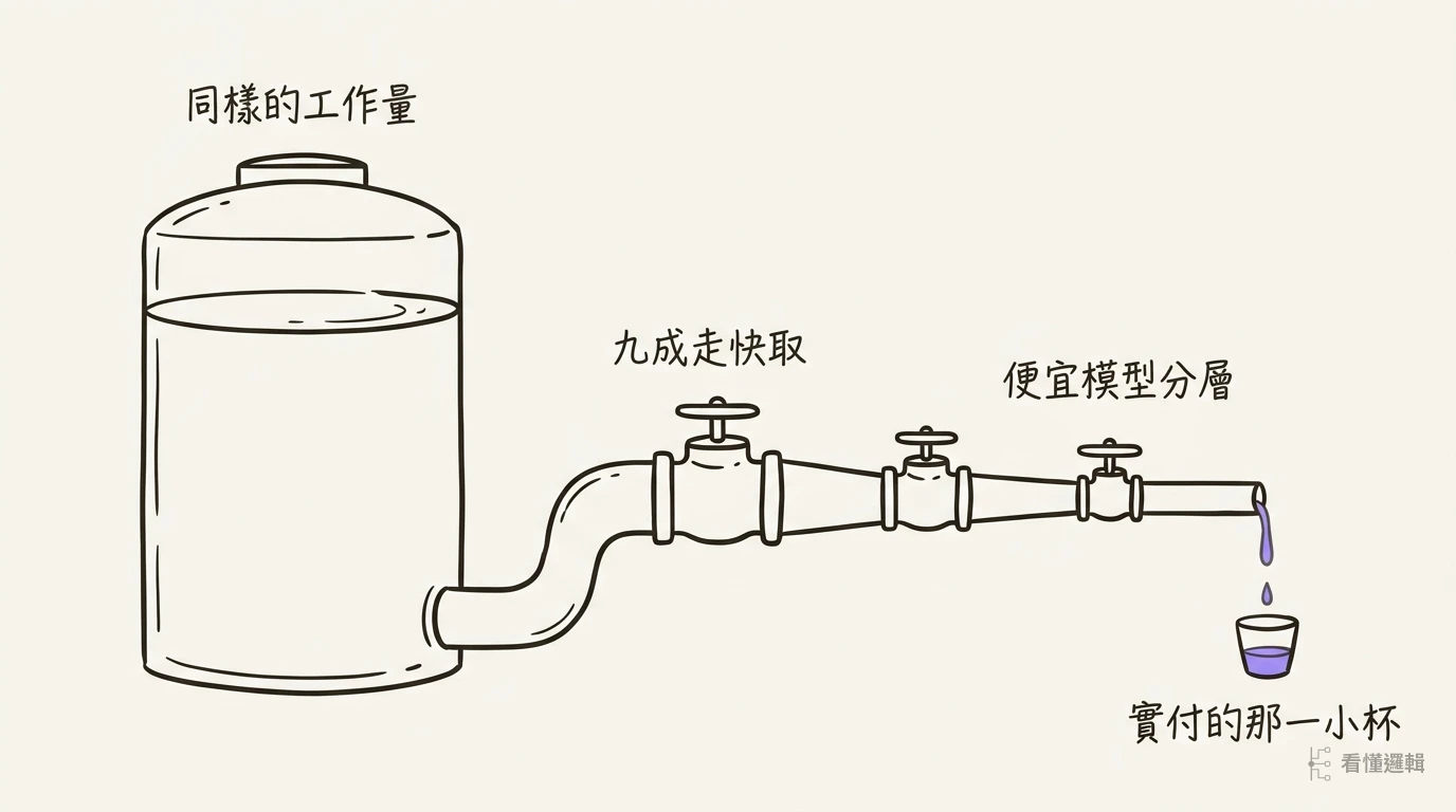 成本收窄圖解：滿水塔代表同樣的工作量，經過快取、模型分層等三道閥門後，只滴出一小杯實付金額