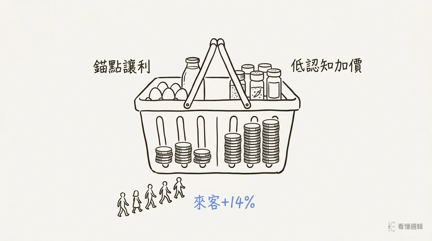購物籃左半邊的蛋與鮮乳硬幣變矮，右半邊的香料罐硬幣變高，籃下有一排客人走進來