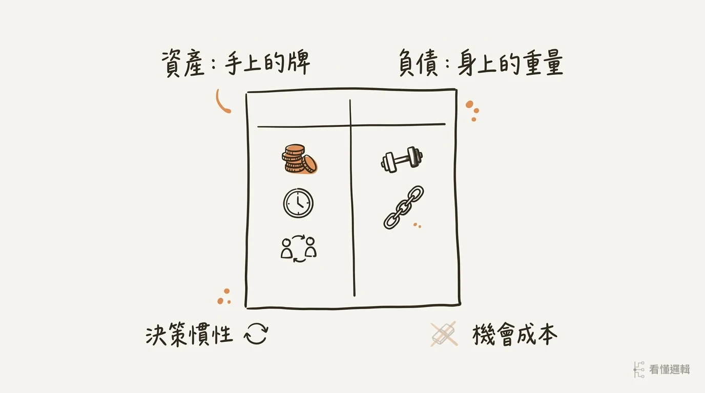 人生資產負債表：資產、負債、決策慣性、機會成本四欄