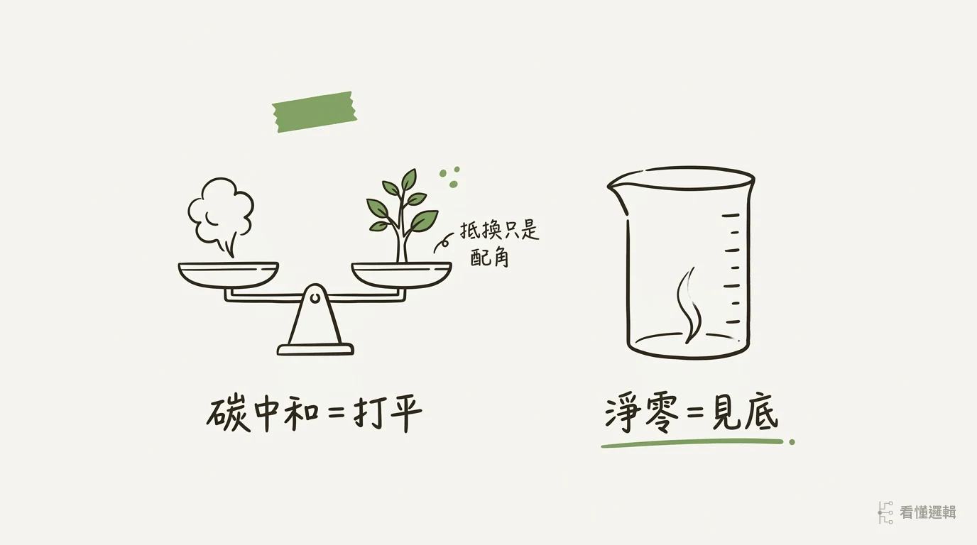 天平打平與見底的量杯：碳中和靠抵換平衡，淨零把排放本身降到趨近於零