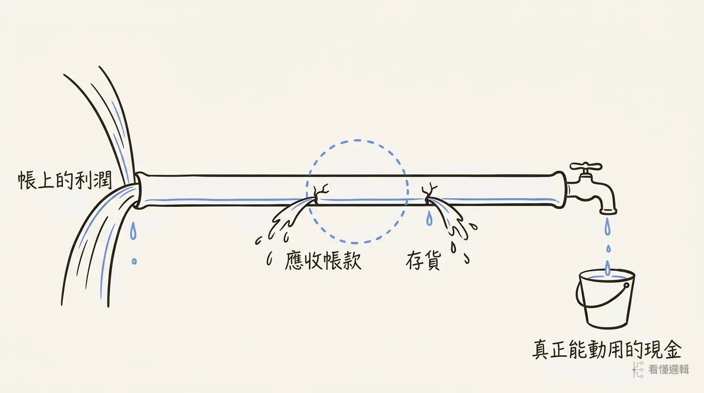 現金缺口示意圖：帳上的利潤流入後，一部分卡在應收帳款與存貨而流失，真正能動用的現金遠小於帳面數字