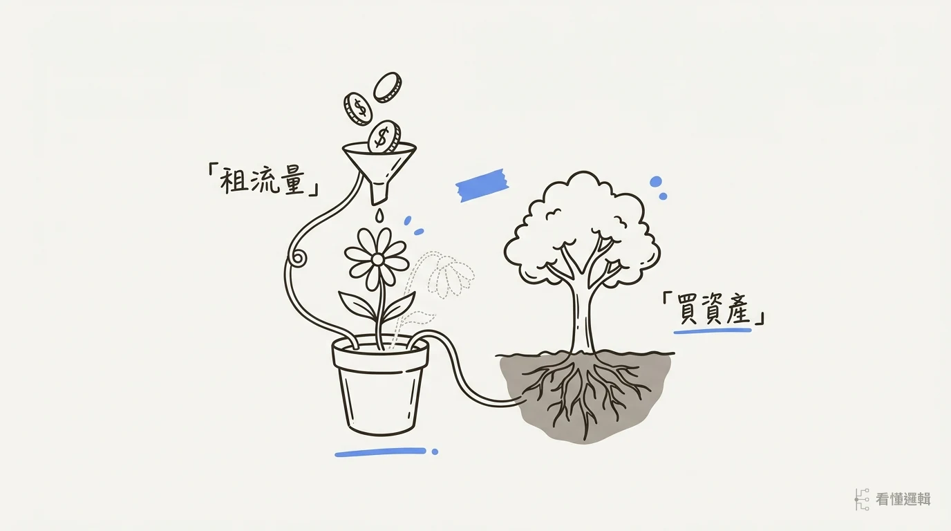 租流量與買資產的對比：廣告停止即歸零，內容持續累積