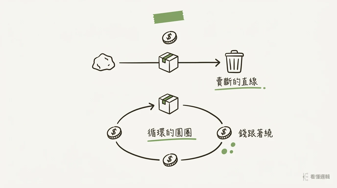 直線與圓圈的對比：賣斷的產品走向垃圾桶，循環的產品繞回原廠再創造營收