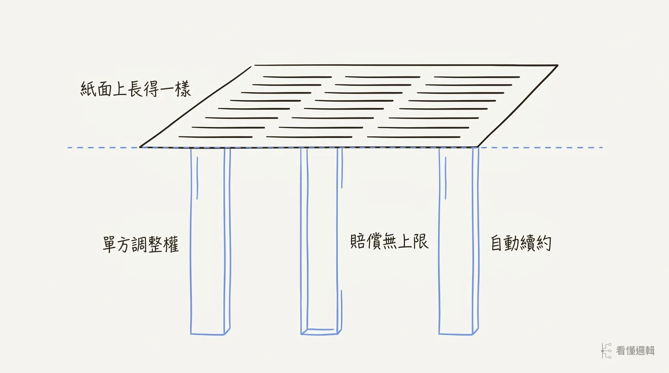 合約剖面示意圖：紙面上每一行條文看起來都一樣，但其中三行往下延伸成很深的柱體，代表它們實際承載的分量遠大於字面