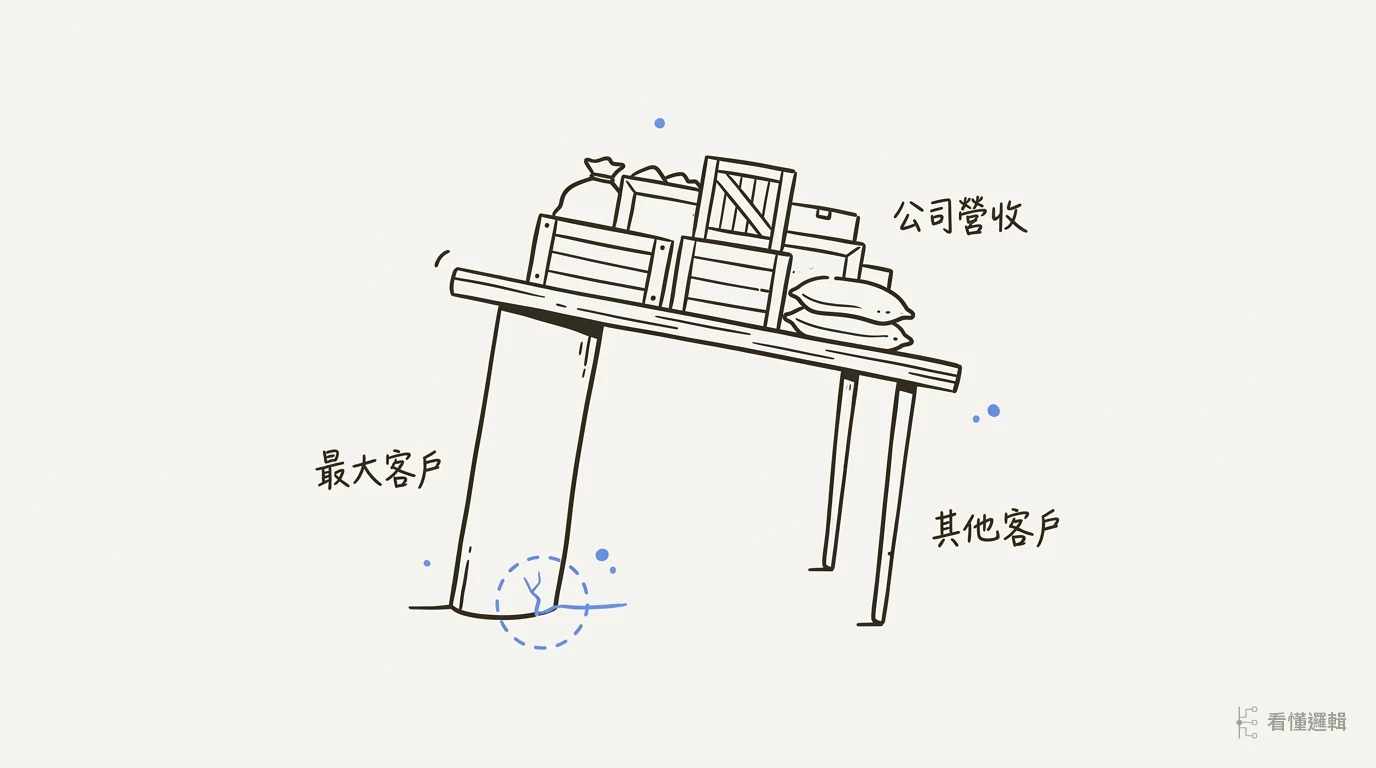 桌面堆滿貨物，由一根粗腿與三根細腿支撐，粗腿底部出現裂痕