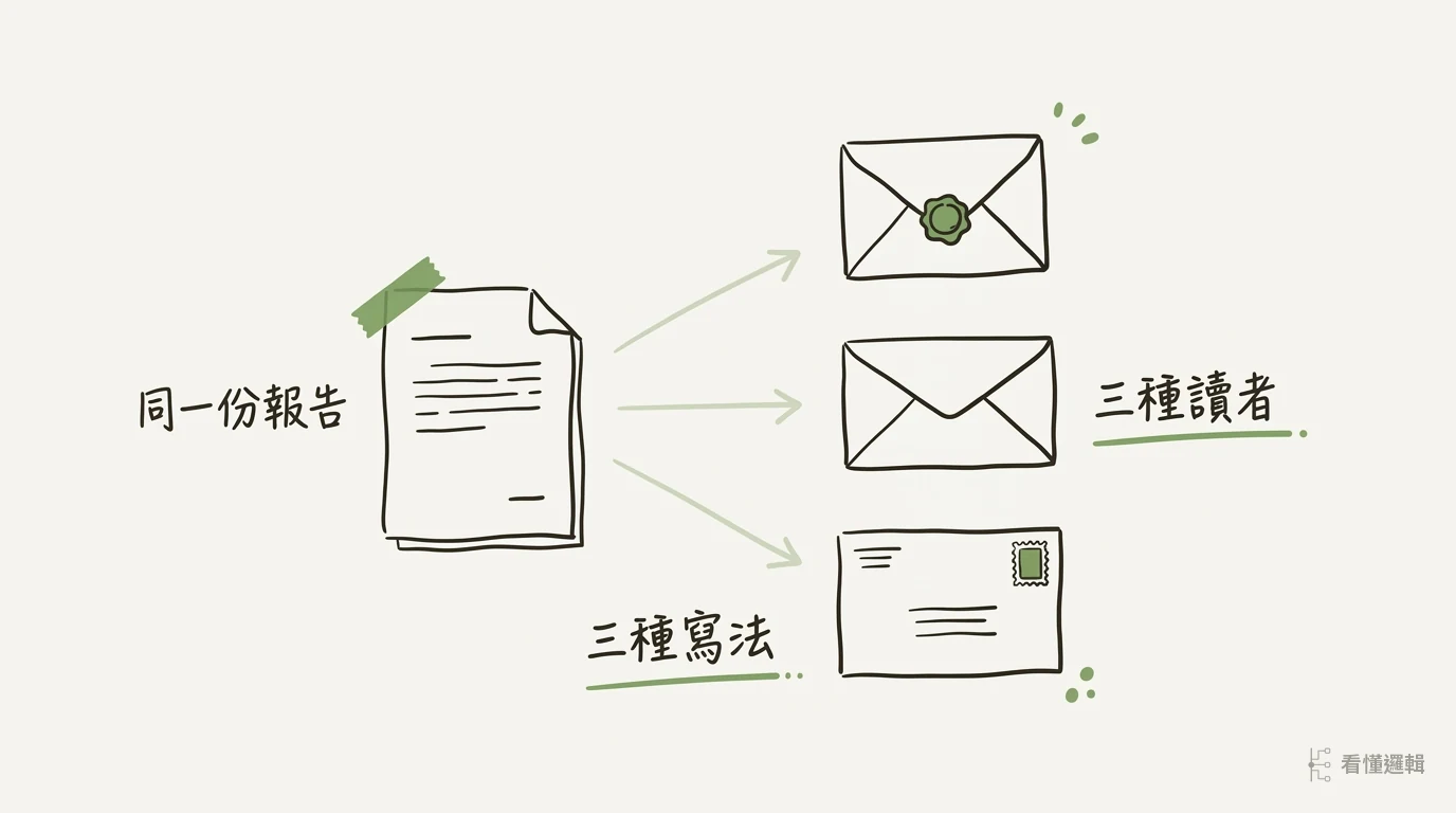 同一份報告書分裝進三個不同的信封，對應三種讀者