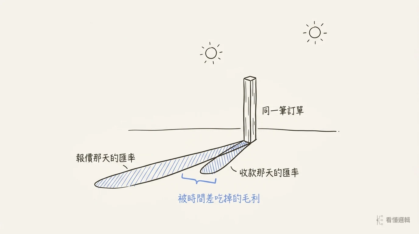 一根不變的木樁投出一長一短兩道影子，兩顆太陽位在不同高度，影子尖端之間標出落差