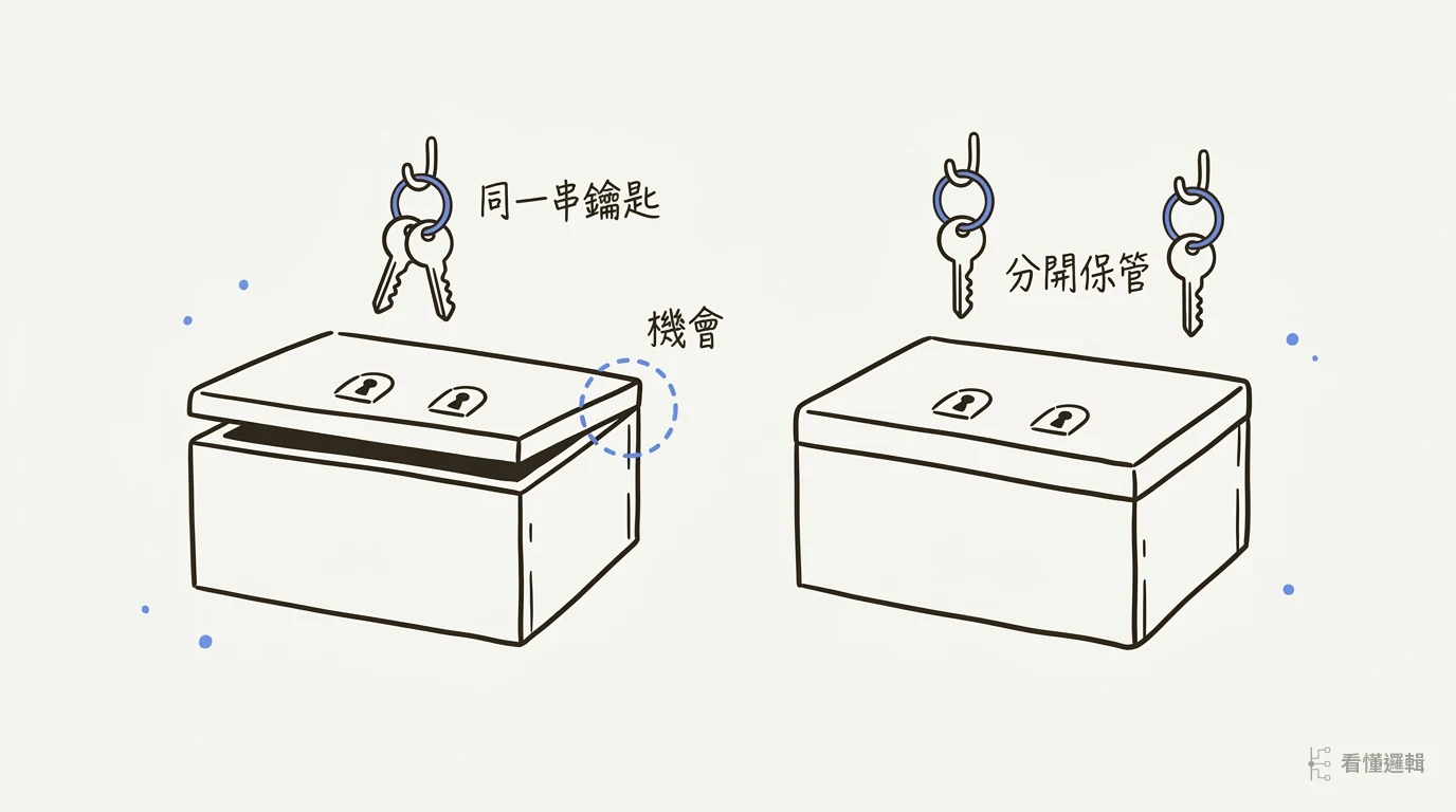 兩個雙鎖孔箱子的對照示意圖：左邊兩把鑰匙掛在同一個鑰匙圈、箱蓋微開；右邊兩把鑰匙分開保管、箱蓋闔上