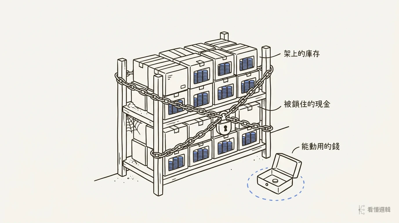 倉庫貨架被鐵鏈與掛鎖鎖住，箱子裡裝的是成疊硬幣，地上的錢箱空著