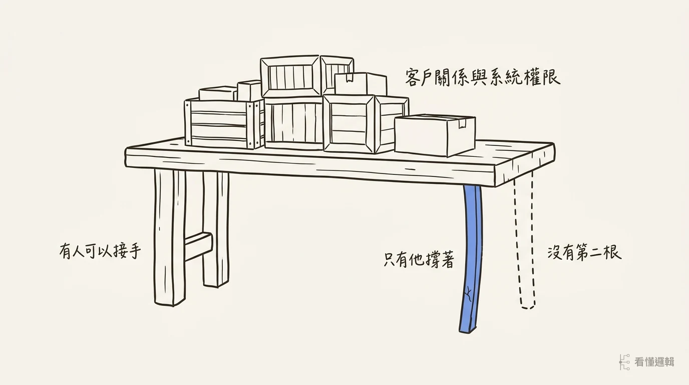 一塊放滿貨箱的木板，左邊由兩根成對的腳撐著，右邊只靠一根細腳，旁邊是一根從未搭起來的虛線腳