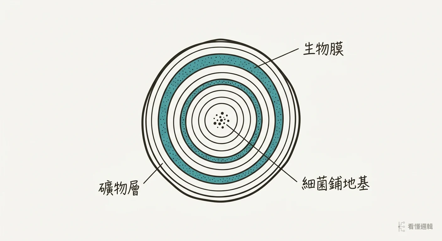 腎結石同心層示意圖：一層礦物、一層細菌生物膜交替疊成，像珍珠或年輪