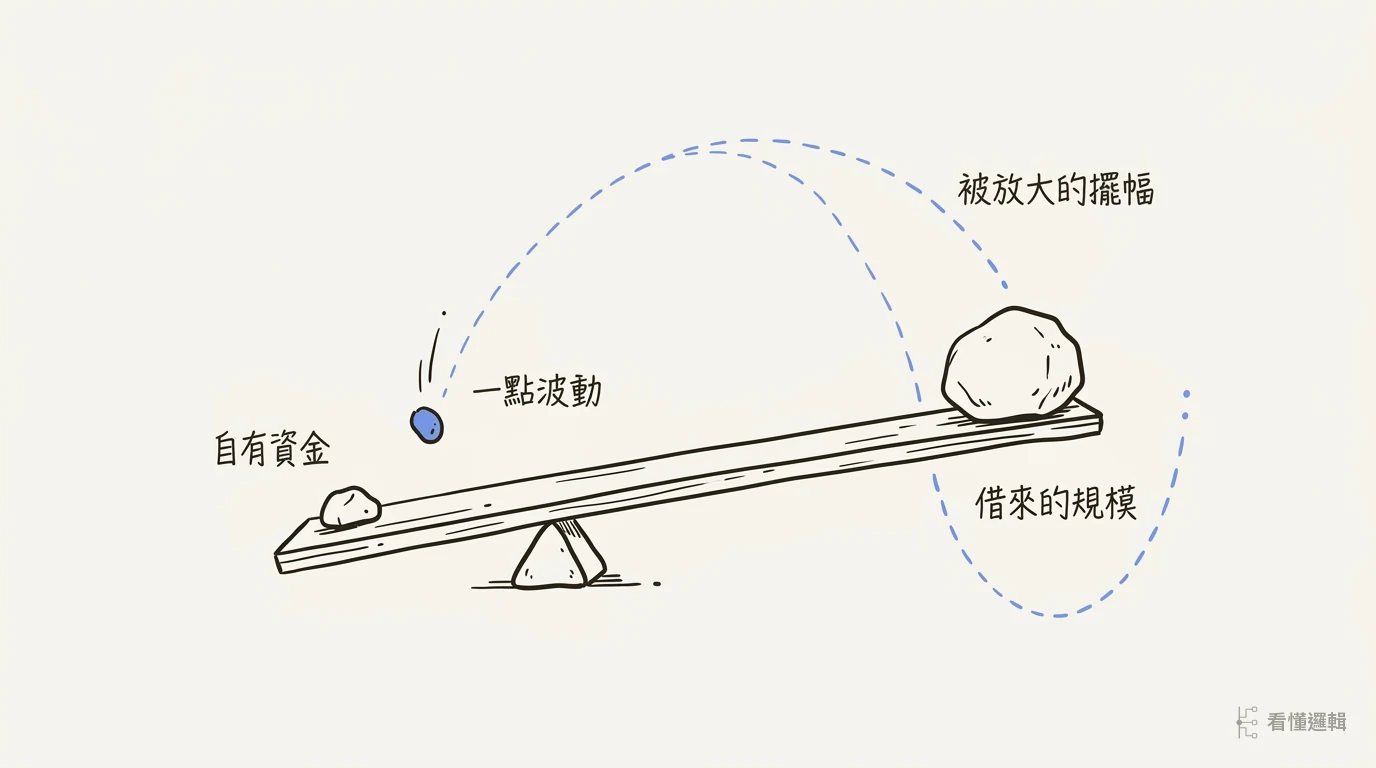 槓桿翹翹板示意圖：短臂上的自有資金與落下的小石，讓長臂末端的大石產生巨大擺幅