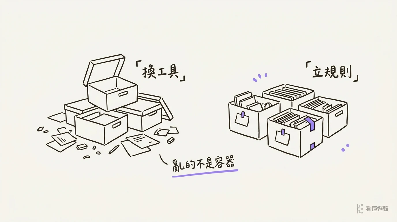 一堆嶄新收納盒旁物品四散，對比三個貼好標籤、分類清楚的舊紙箱