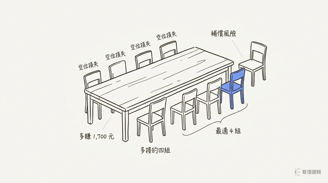 俯視的長餐桌周圍擺滿椅子，其中幾張空著，桌尾排著四張加座，其中一張站在桌邊外沒有位置