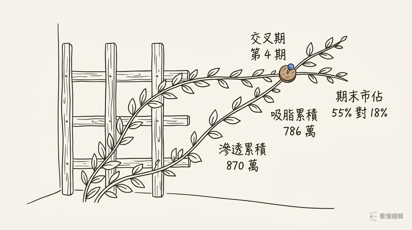 木架上兩條藤蔓由左下往右上攀爬，先高的一條後段轉平，後起的一條在右側越過它，交叉處釘著一個圓木標記