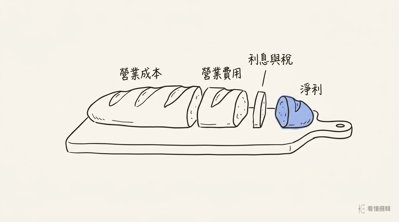 一條長麵包切成四段，由長到短依序是營業成本、營業費用、利息與稅，最尾端的一小段代表淨利