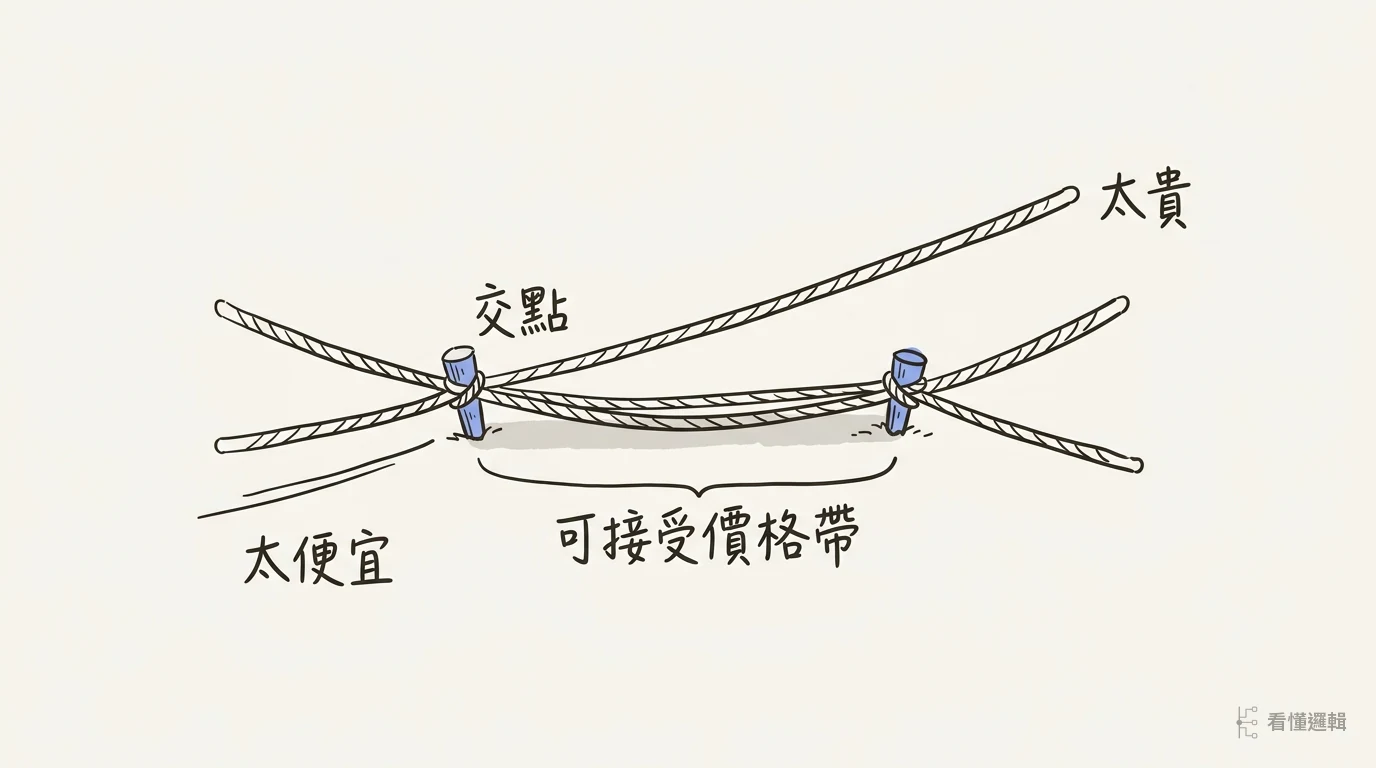 四條累積曲線兩兩交叉，左右兩個交點之間的價格帶以淡色標出