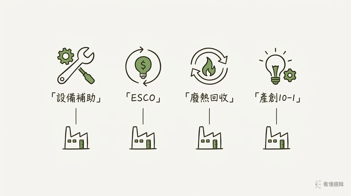 四道節能補助工具與對應措施對照圖