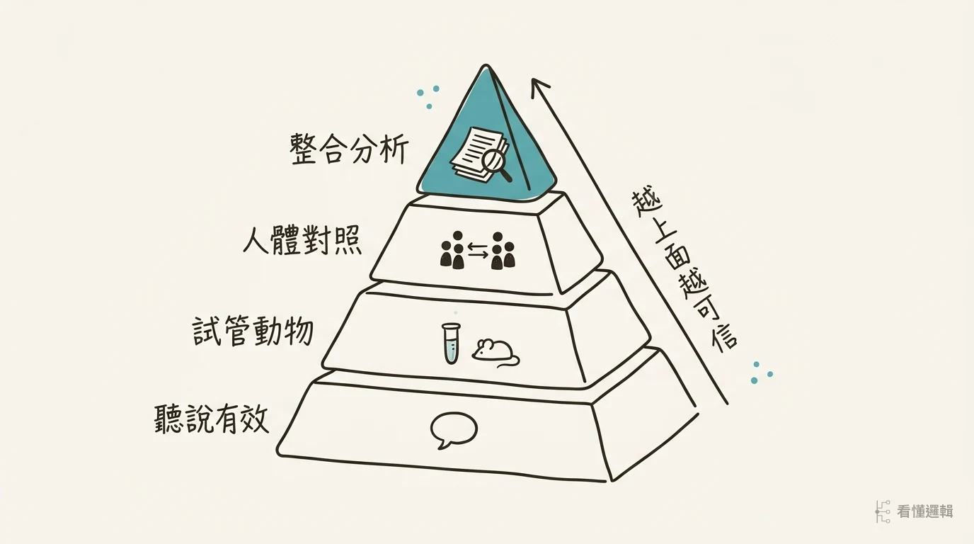 保健食品的證據金字塔:傳聞、試管動物、人體對照試驗、整合分析