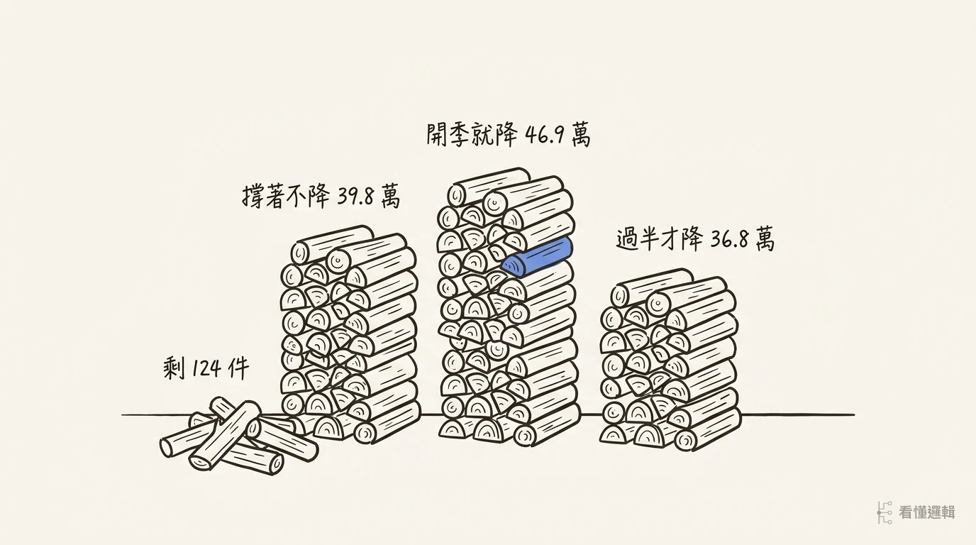 地上並排三疊柴薪,中間一疊最高,左邊略矮,右邊最矮,左邊那疊旁邊另有一小堆散落的木柴