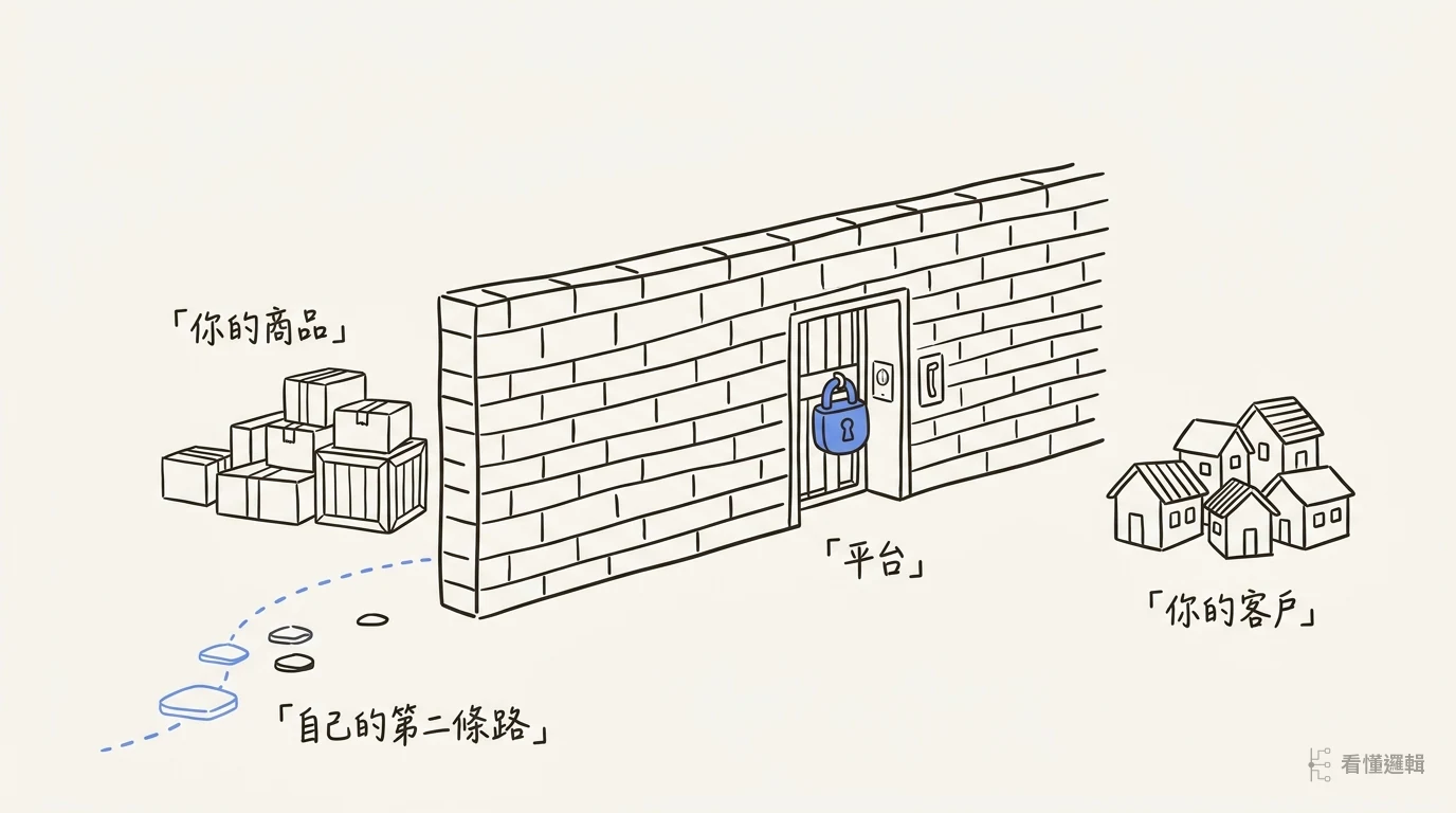 一道磚牆隔開左側的商品與右側的客戶，牆上唯一的閘門掛著鎖，左下角有一條剛開始鋪的虛線小路