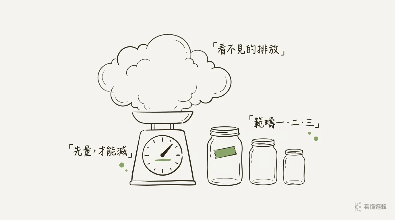 碳盤查概念圖解：把看不見的排放放上秤，再分裝進範疇一二三