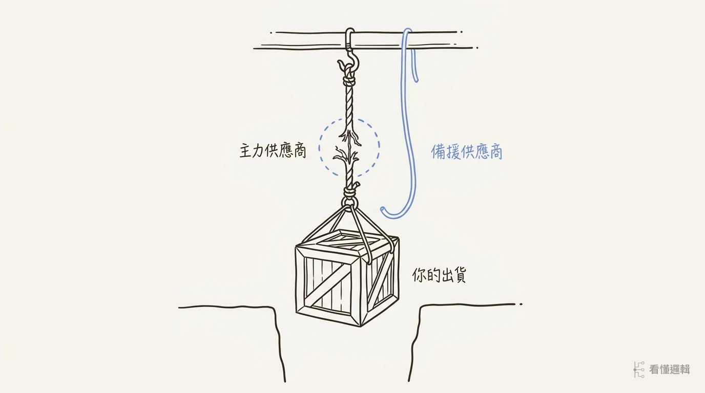 重箱懸在裂口上方，由一條磨損的繩索吊著，旁邊另一條備用繩索垂著尚未繫上