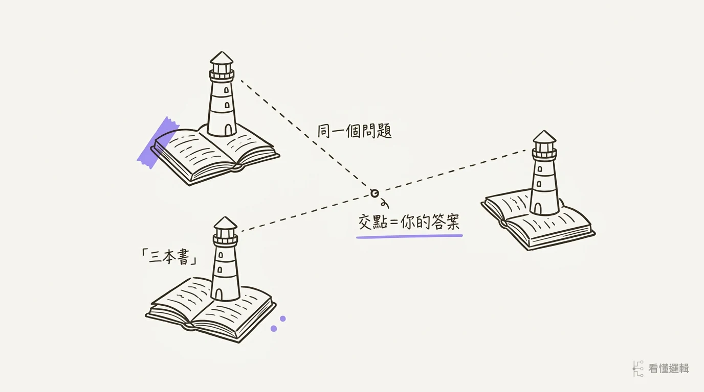 三座訊號塔的訊號交會於一點:三本書交叉定位出你自己的理解