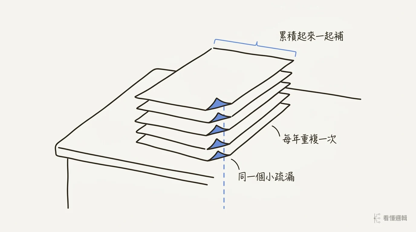 桌上五張紙依序疊放，每張都有相同的小摺角、相同的細微偏移，累積下來整疊明顯歪斜，旁邊有一條虛線基準線
