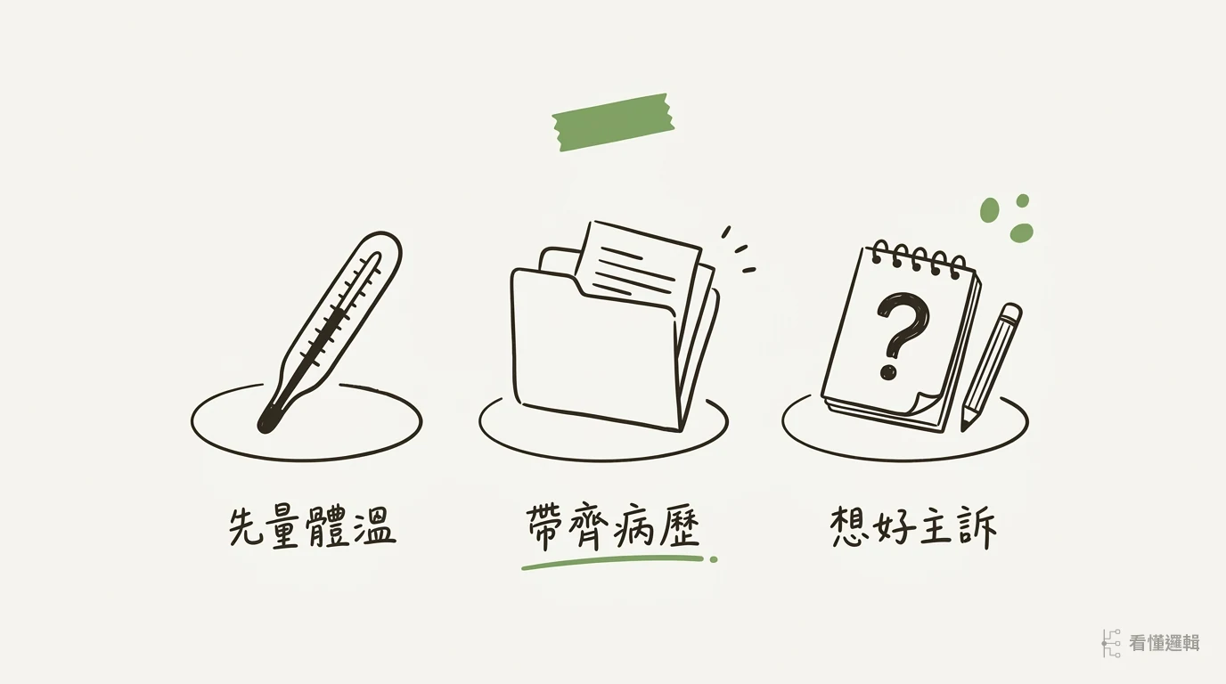看診前的三樣準備：體溫計、病歷、問題清單，對應數據、要求清單、目標
