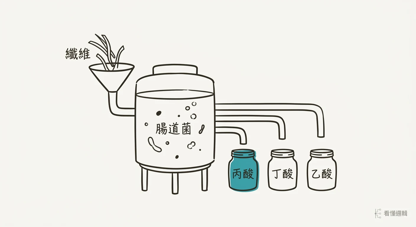 發酵工廠示意圖：腸道菌把纖維發酵成丙酸、丁酸、乙酸三種短鏈脂肪酸，效果因人而異